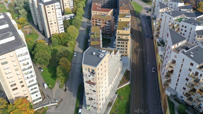 Flygbild Mandolingatan Västra Frölunda nyproducerade bostäder